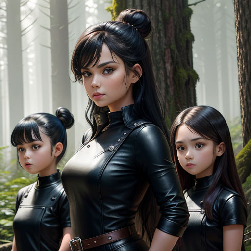 a group of women in leather outfits standing in a forest with trees in the background and fog in the air