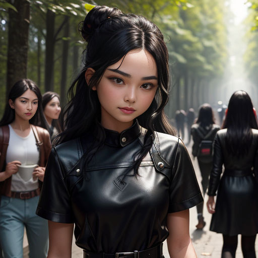 a group of women walking down a street next to trees and a forest in the background with a woman in a black leather dress