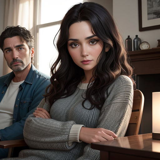 a man and a woman sitting next to each other in a room with a table and a lamp on it