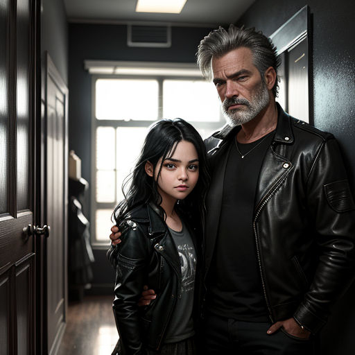 a man and a woman standing in a hallway together, one of them is wearing a leather jacket and the other is wearing a black shirt