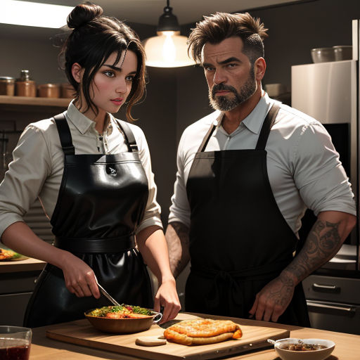a man and a woman are preparing food in a kitchen together, one is cutting a salad and the other is holding a knife