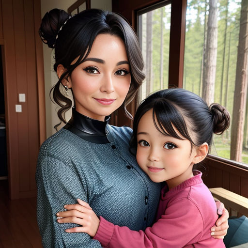 a woman and a child are posing for a picture together in a room with wood floors and windows and a wood floor