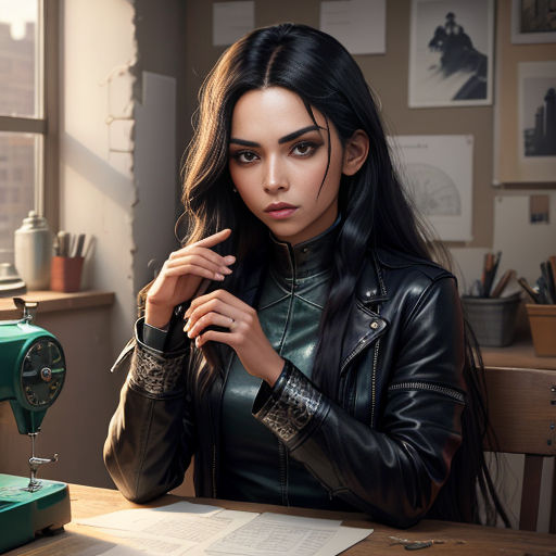 a woman in a leather jacket sitting at a table with a sewing machine and a piece of paper on it