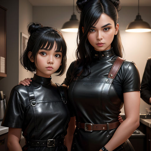 two women in leather outfits standing next to each other in a kitchen with a light on above them and a counter with a sink
