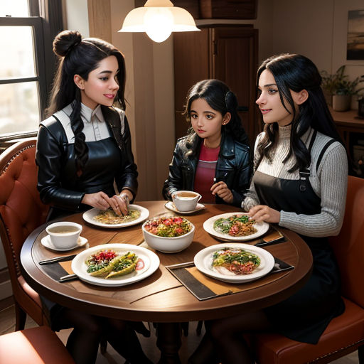 three women sitting at a table with plates of food in front of them and a window behind them,