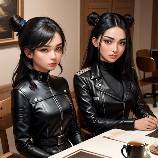 two women in black leather outfits sitting at a table with a laptop computer and a cup of coffee in front of them