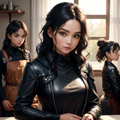 a woman in a leather outfit standing in front of a group of women in aprons and jackets in a kitchen