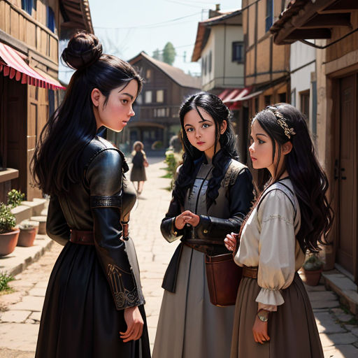 three women in medieval dress standing in a street talking to each other and looking at something in the distance