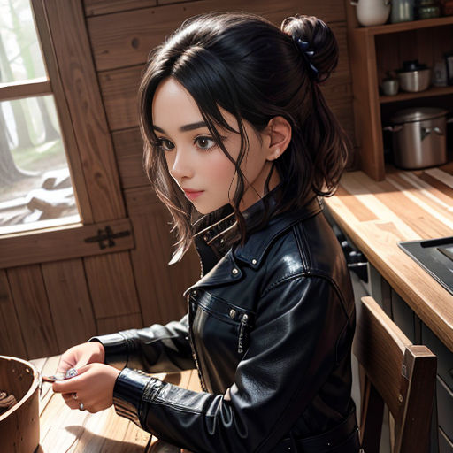 a woman in a black leather jacket is cooking in a kitchen with a wooden table and stove top oven