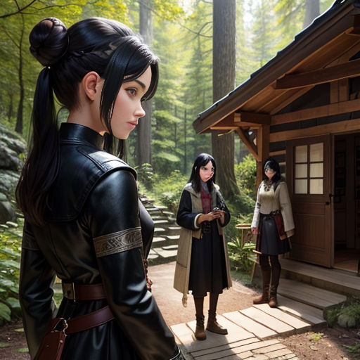 a woman in a black dress standing in front of a cabin in the woods with two other women standing around