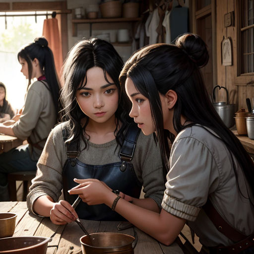 two girls sitting at a table with a bowl of food in front of them and a man standing behind them