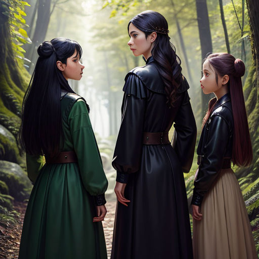 three women in long dresses standing in a forest looking at each other and talking to each other, with trees in the background