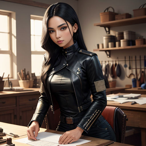 a woman in a leather outfit sitting at a desk with a pen and paper in her hand and a pair of scissors in her other hand