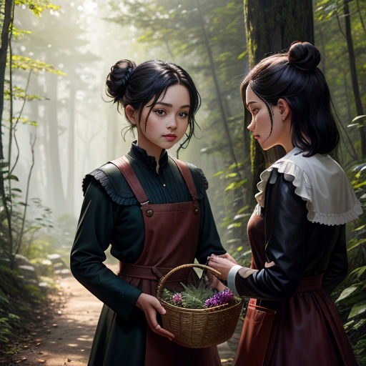 two women in a forest with a basket of flowers in their hands and a forest path in the background