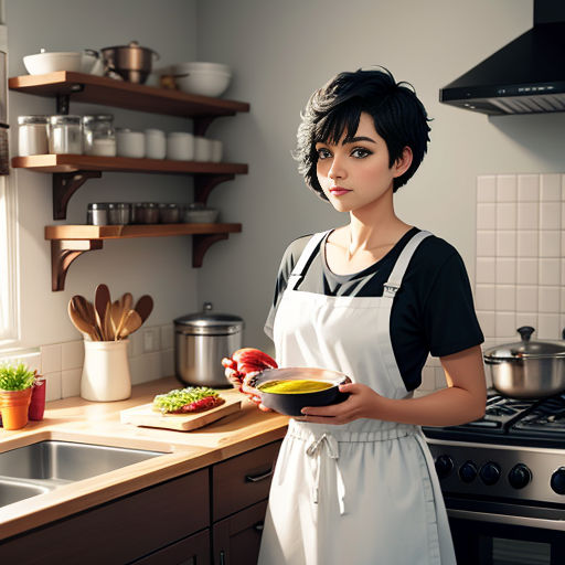 a woman in a kitchen holding a bowl of food and a plate of vegetables on a counter top next to a stove