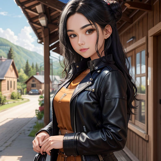 a woman in a black leather jacket and a brown dress is standing outside a building with a black purse