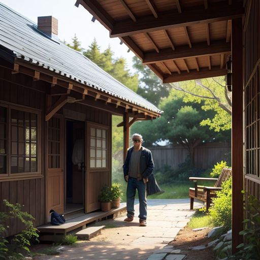 a man standing outside of a wooden building next to a wooden bench and a wooden walkway with a door