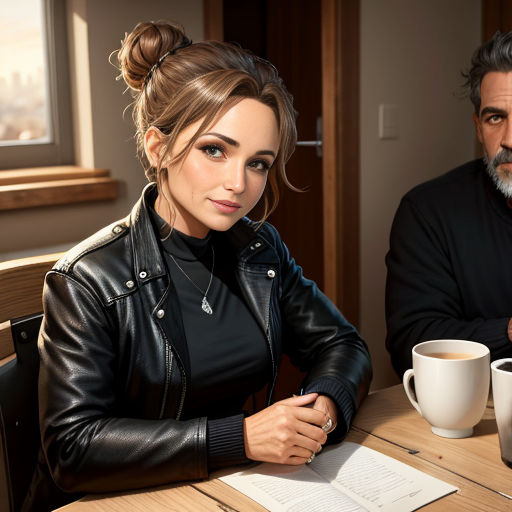 a man and a woman sitting at a table with a cup of coffee and papers in front of them