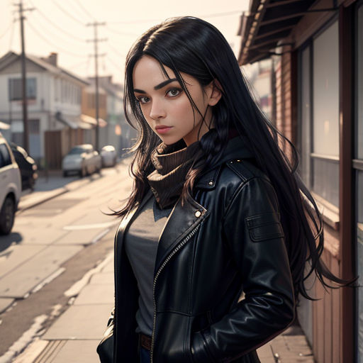 a woman in a black leather jacket standing on a sidewalk next to a building and cars on the street