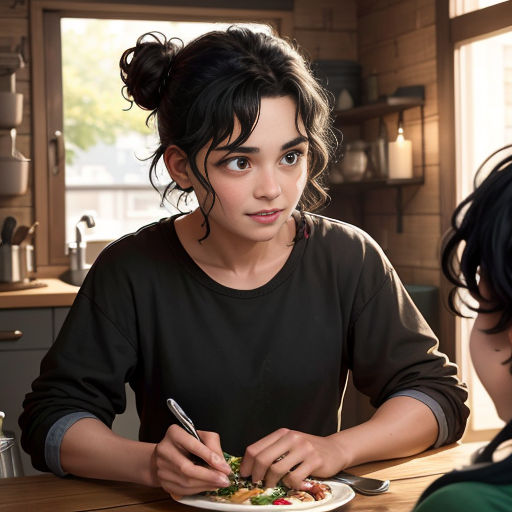a woman sitting at a table with a plate of food in front of her and a woman standing behind her