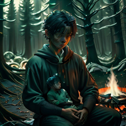 a man sitting next to a child in a forest with a fire pit in the background and a forest fire pit in the foreground