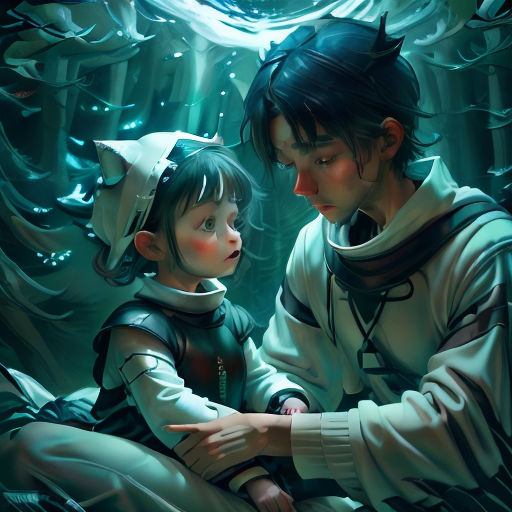 a man and a child are sitting in a forest with a cat on their head and a cat on their shoulder