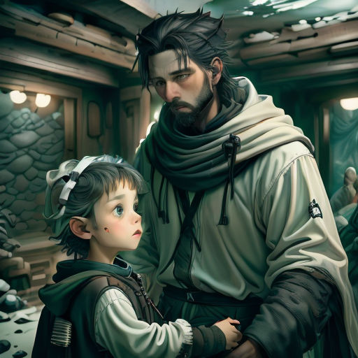 a painting of a man and a child in a room with rocks and a ceiling light on the ceiling