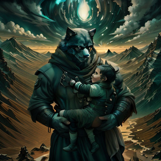 a man holding a child in his arms in front of a wolf painting with a sky background and a full moon