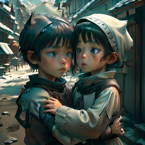 two children are standing in a snowy town with a building in the background and a snow covered street in the foreground