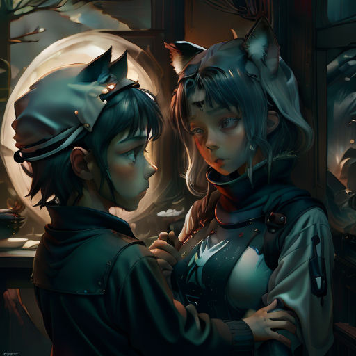 a couple of women standing next to each other in a room with a cat on her head and a cat on her shoulder