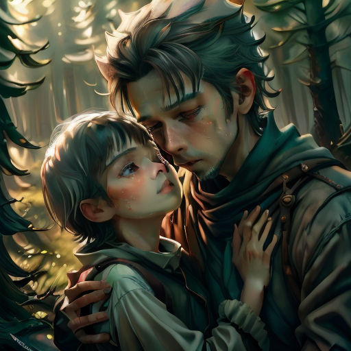 a man and a child are in the woods together, one is holding the other's head and the other is holding the other's head