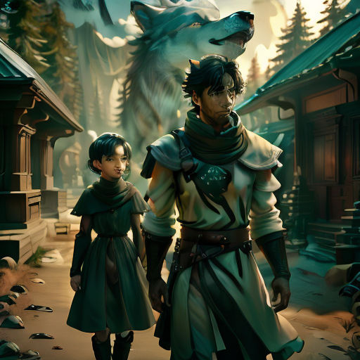 a man and a woman standing in front of a wolf in a forest with a wolf on his shoulder