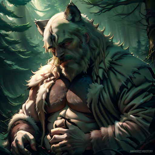 a white bear with a beard and a beard on his chest in the woods with trees and grass behind him