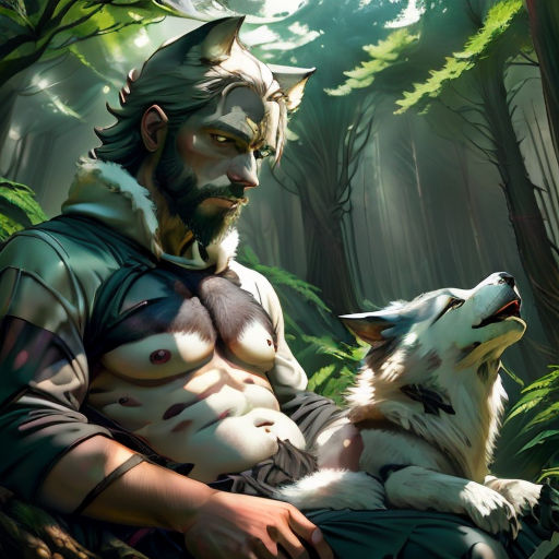 a man with a beard and a wolf on his lap in the woods with trees and grass behind him