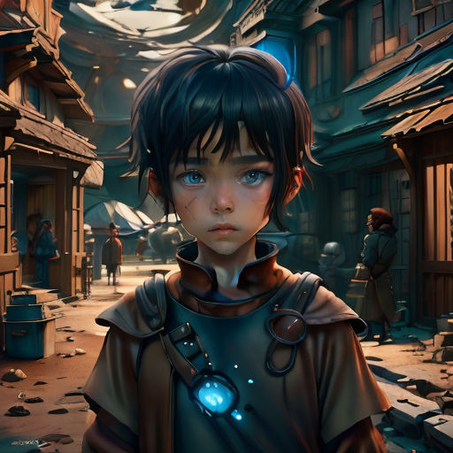 a young boy in a futuristic city with a glowing light on his head and a blue light on his forehead