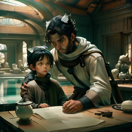 a man and a boy sitting at a table with a book and a teapot in front of them