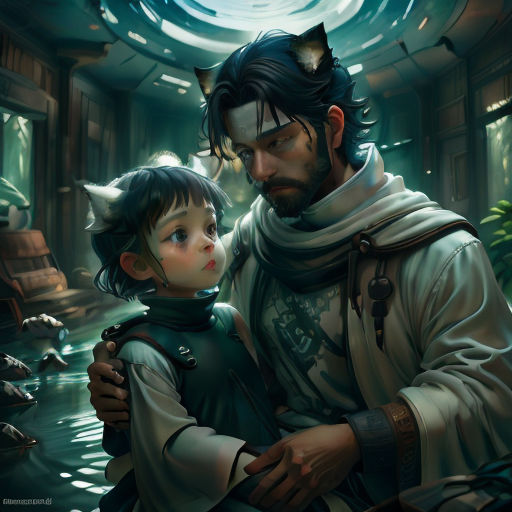 a man and a child are standing in a room with a cat on his shoulder and a cat on his shoulder