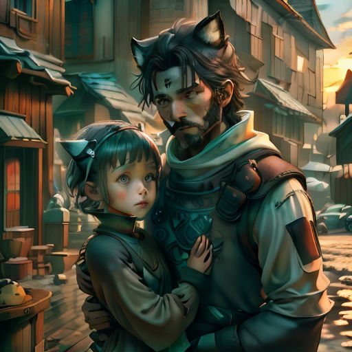 a man and a child are standing in front of a street with a cat on his head and a building in the background