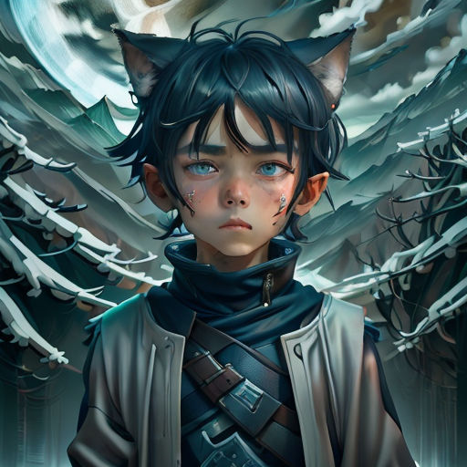 a boy with a cat on his head and a wolf on his shoulder, standing in front of a snowy landscape