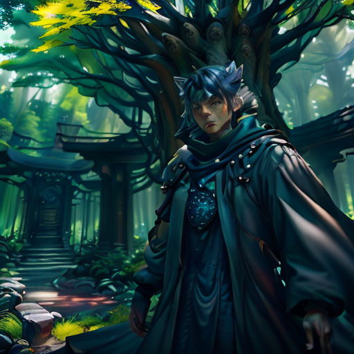 a man in a black outfit standing in front of a tree in a forest with a yellow flower in his hair