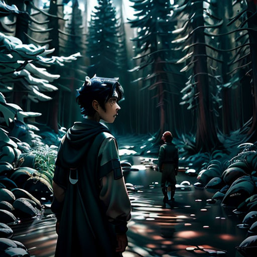 a boy in a hooded jacket is standing in a forest with a dog in his lap and a man in a backpack is walking behind him