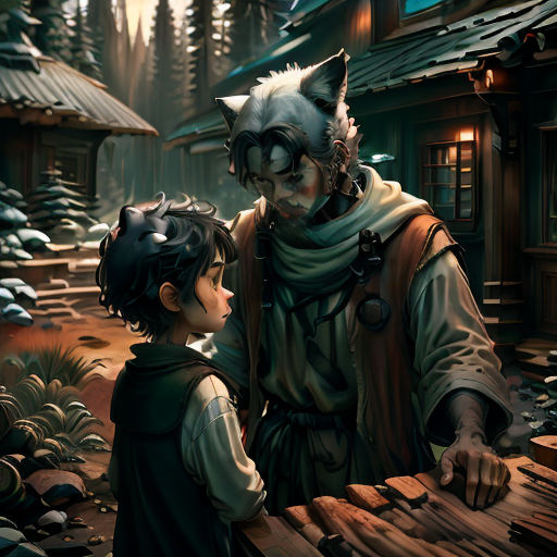 a boy and a cat are standing in a forest by a building and a forest house with a cat on it