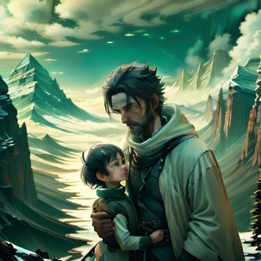 a man and a child are standing in front of a mountain landscape with a sky background and clouds in the background