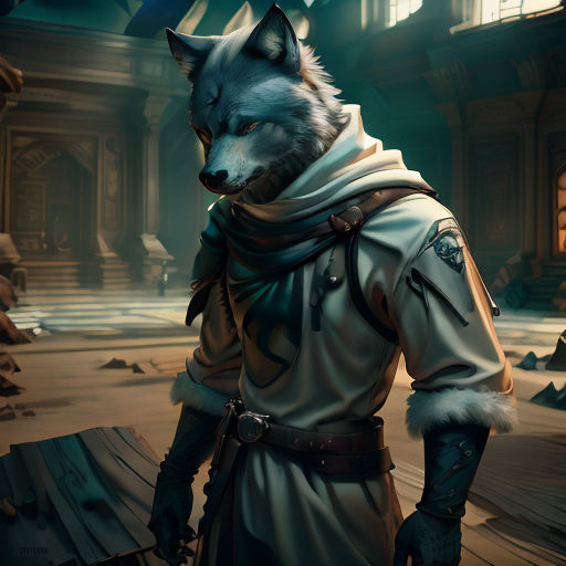 a wolf in a costume standing in a room with a clock on the wall and a building in the background