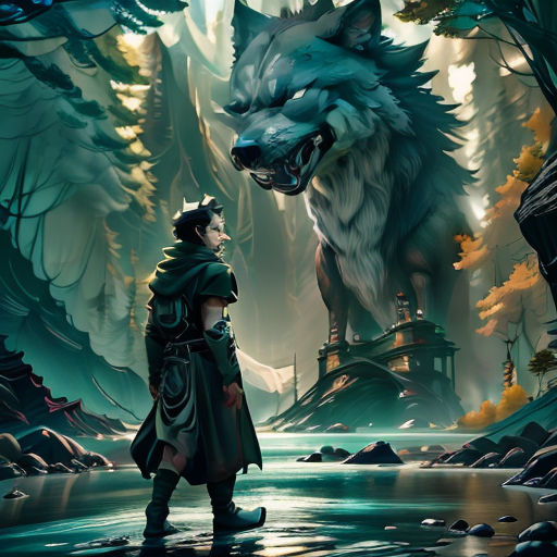 a man standing next to a wolf in a forest next to a river with a forest scene behind him