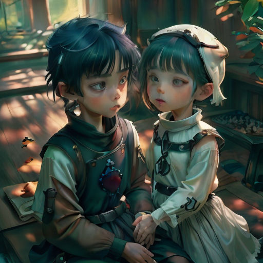 two children sitting on a bench in a room with a plant in the background and a cat on the floor