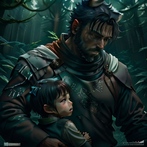 a man and a child in a forest with trees and plants behind them, one of the characters is holding a child