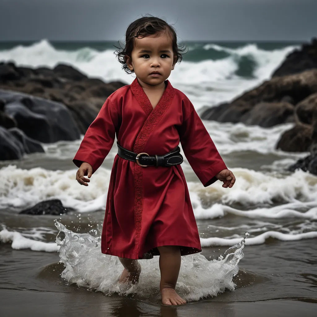 a little girl in a red robe is walking in the water at the beach with a black belt on, renaissance, an album cover, Bedwyr Williams, award - winning photography