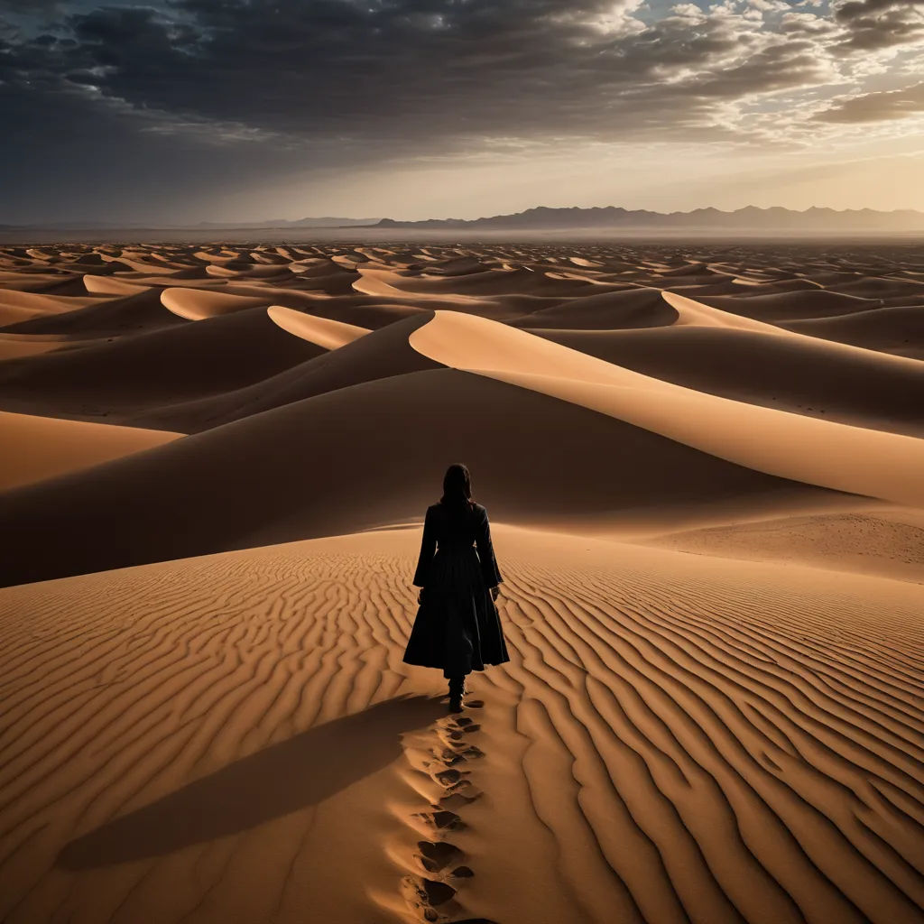 a person walking across a desert with a sky background and clouds in the sky above them, a person is walking across a desert with a long coat on, art photography, a detailed matte painting, Amir Zand, desert