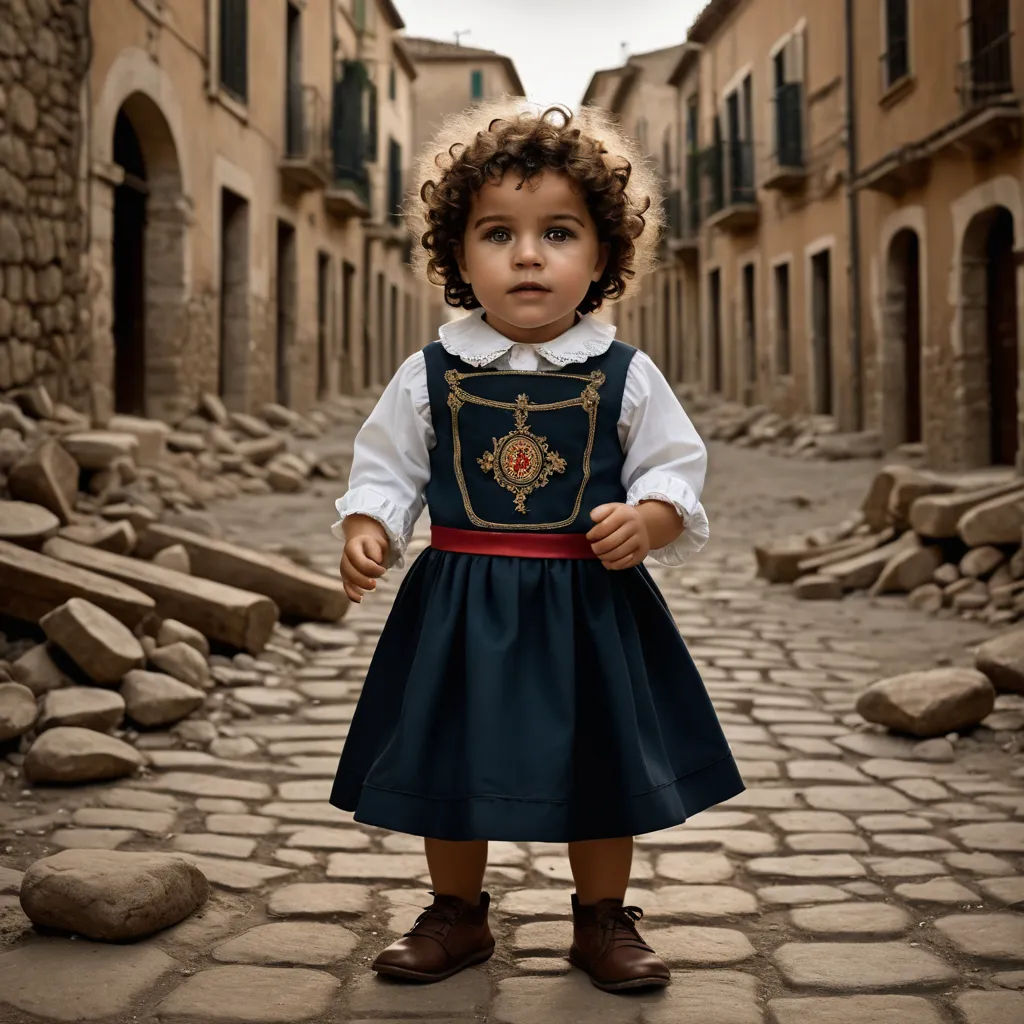 a little girl in a dress standing on a cobblestone street in a town with stone buildings and cobblestones, magical realism, a colorized photo, Diego Gisbert Llorens, award - winning photography
